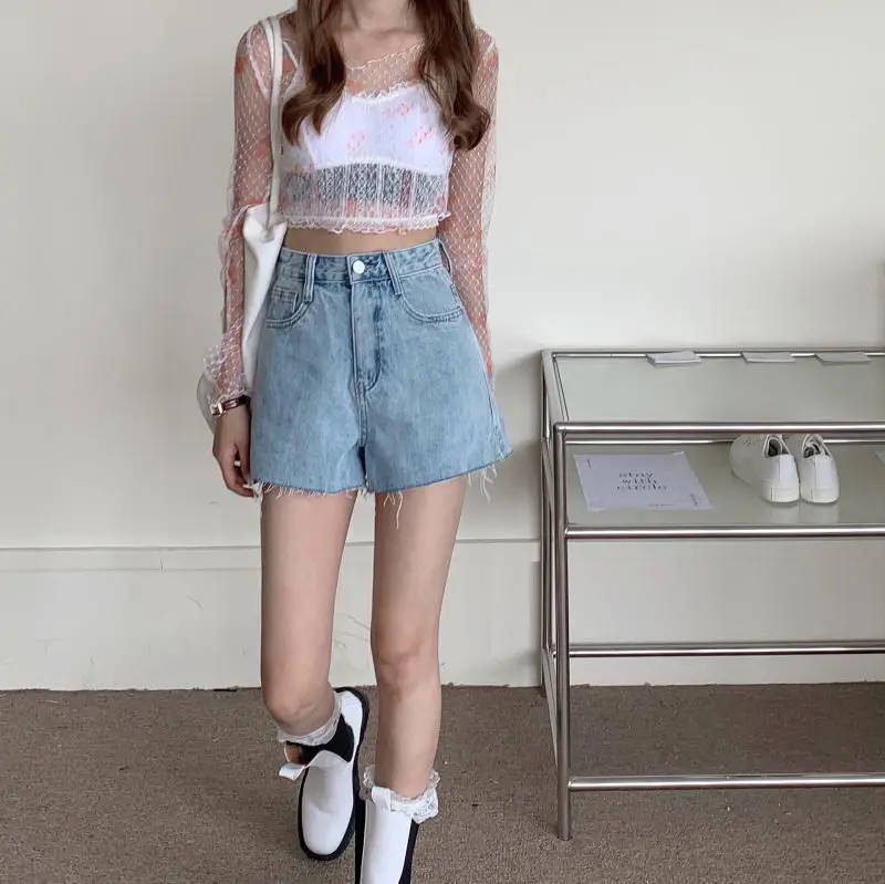 Women Denim Shorts High Waist Light Blue Loose Fit — feature 5
