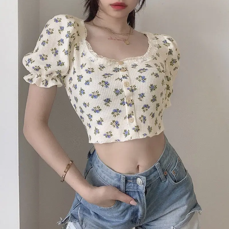 Women Floral Waffle Top with Square Neck Puff Sleeves
