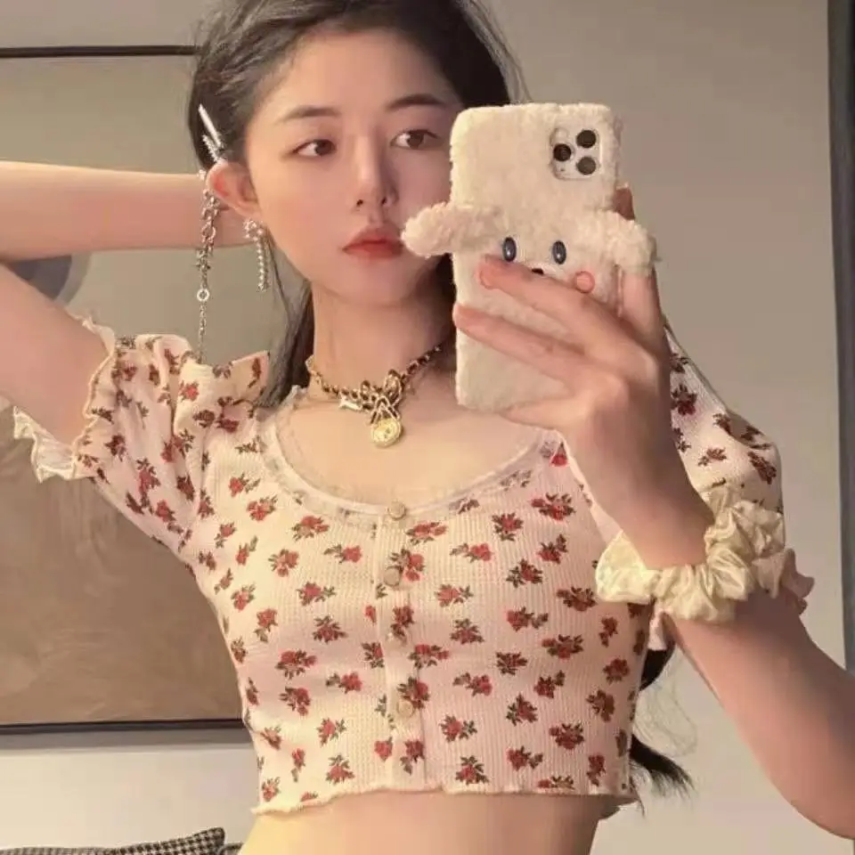 Women Floral Waffle Top with Square Neck Puff Sleeves
