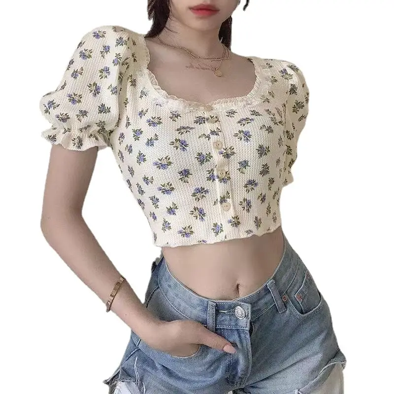 Women Floral Waffle Top with Square Neck Puff Sleeves