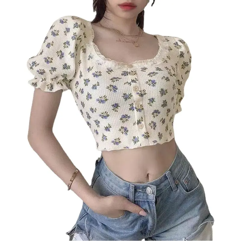 Women Floral Waffle Top with Square Neck Puff Sleeves