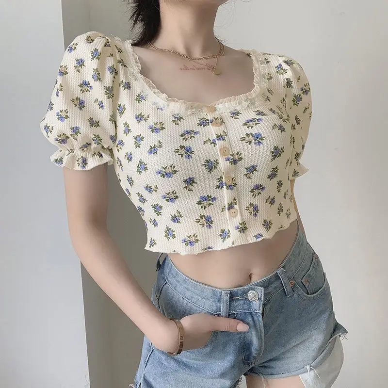 Women Floral Waffle Top with Square Neck Puff Sleeves — feature 3