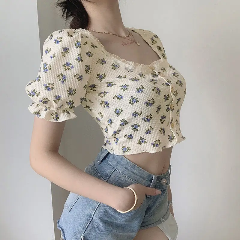 Women Floral Waffle Top with Square Neck Puff Sleeves — feature 4