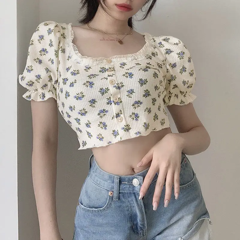 Women Floral Waffle Top with Square Neck Puff Sleeves — feature 6