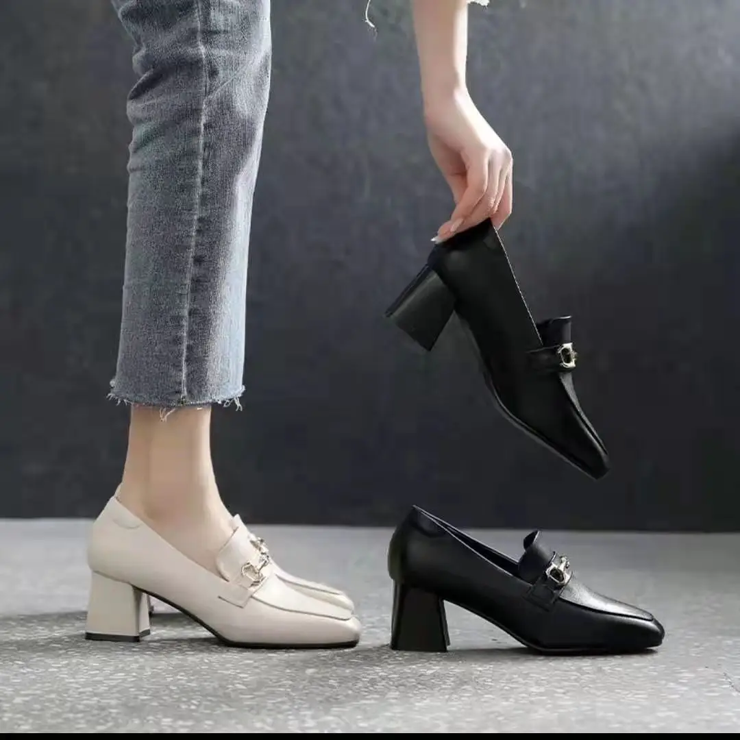 Spring and Summer 2022 New Soft Leather British Style Small Leather Shoes Women's Soft Leather Shoes Women's All-match Mid-heel Chunky Heel Trendy Single-layer Shoes