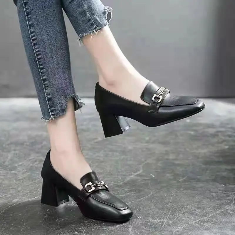 Spring and Summer 2022 New Soft Leather British Style Small Leather Shoes Women's Soft Leather Shoes Women's All-match Mid-heel Chunky Heel Trendy Single-layer Shoes
