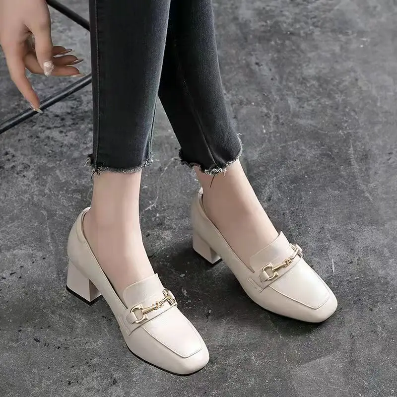 Spring and Summer 2022 New Soft Leather British Style Small Leather Shoes Women's Soft Leather Shoes Women's All-match Mid-heel Chunky Heel Trendy Single-layer Shoes