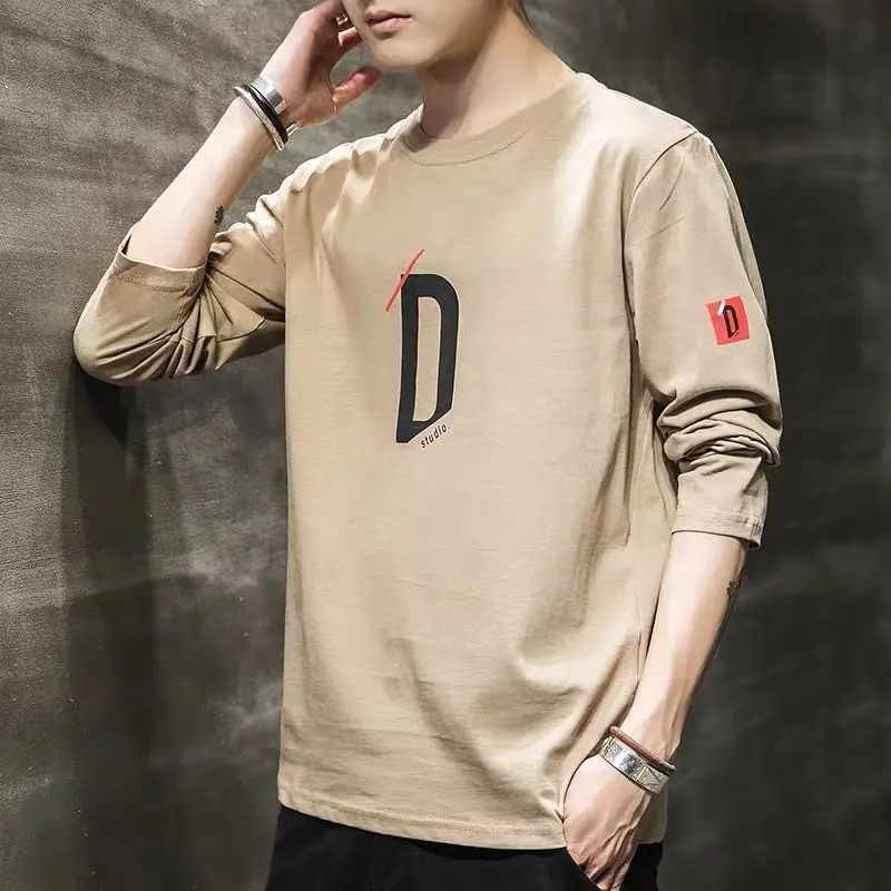 Men's Long Sleeve T-Shirt Beige Round Neck Print - Image 5