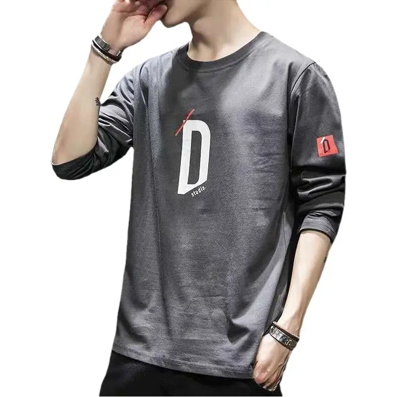 Men's Long Sleeve T-Shirt Beige Round Neck Print
