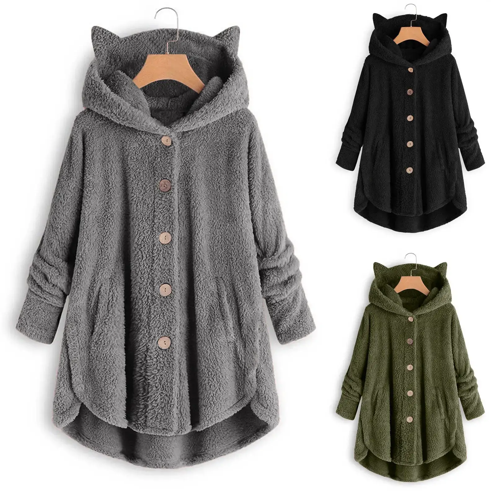 Women Button Plush Hooded Coat Gray Black Green