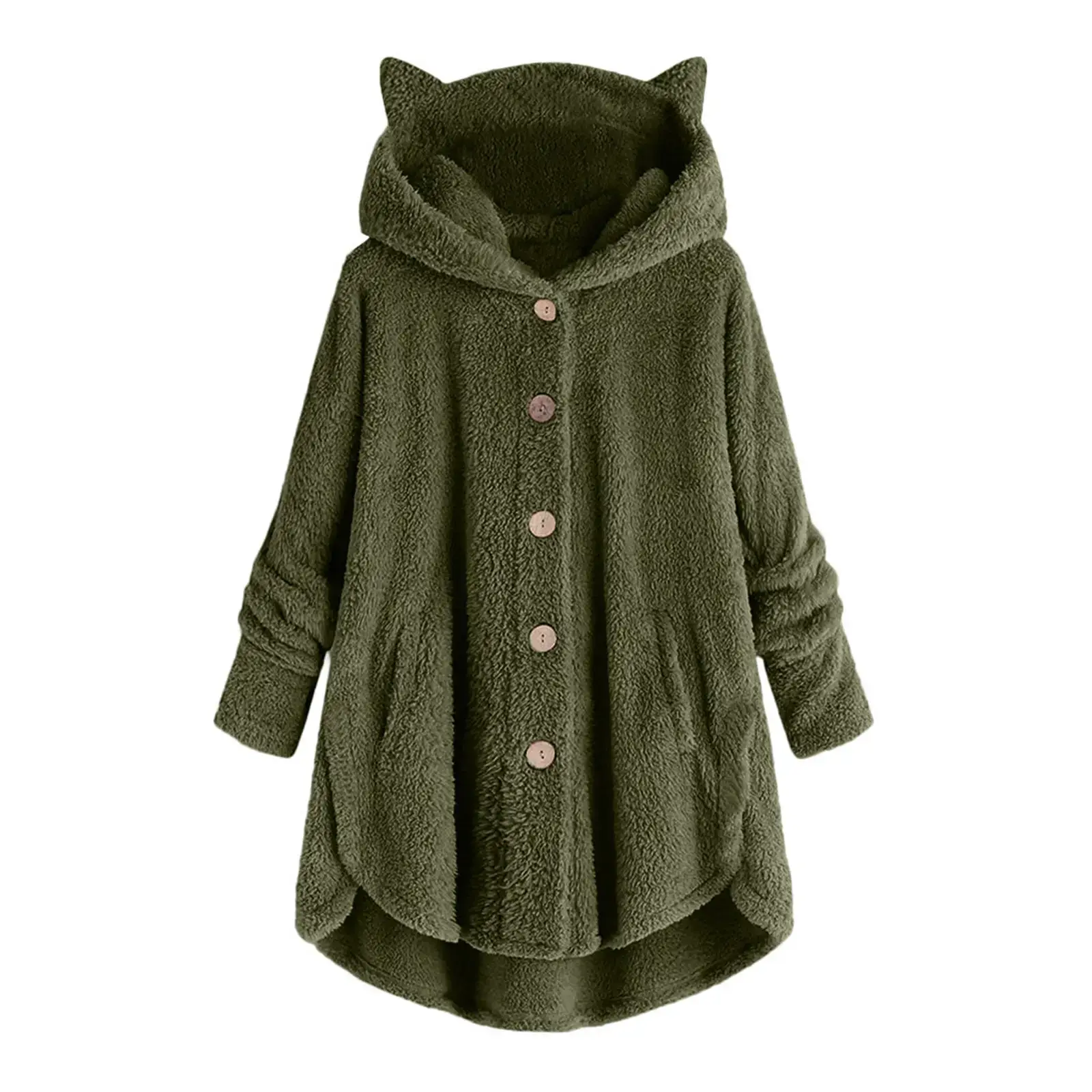 Women Button Plush Hooded Coat Gray Black Green