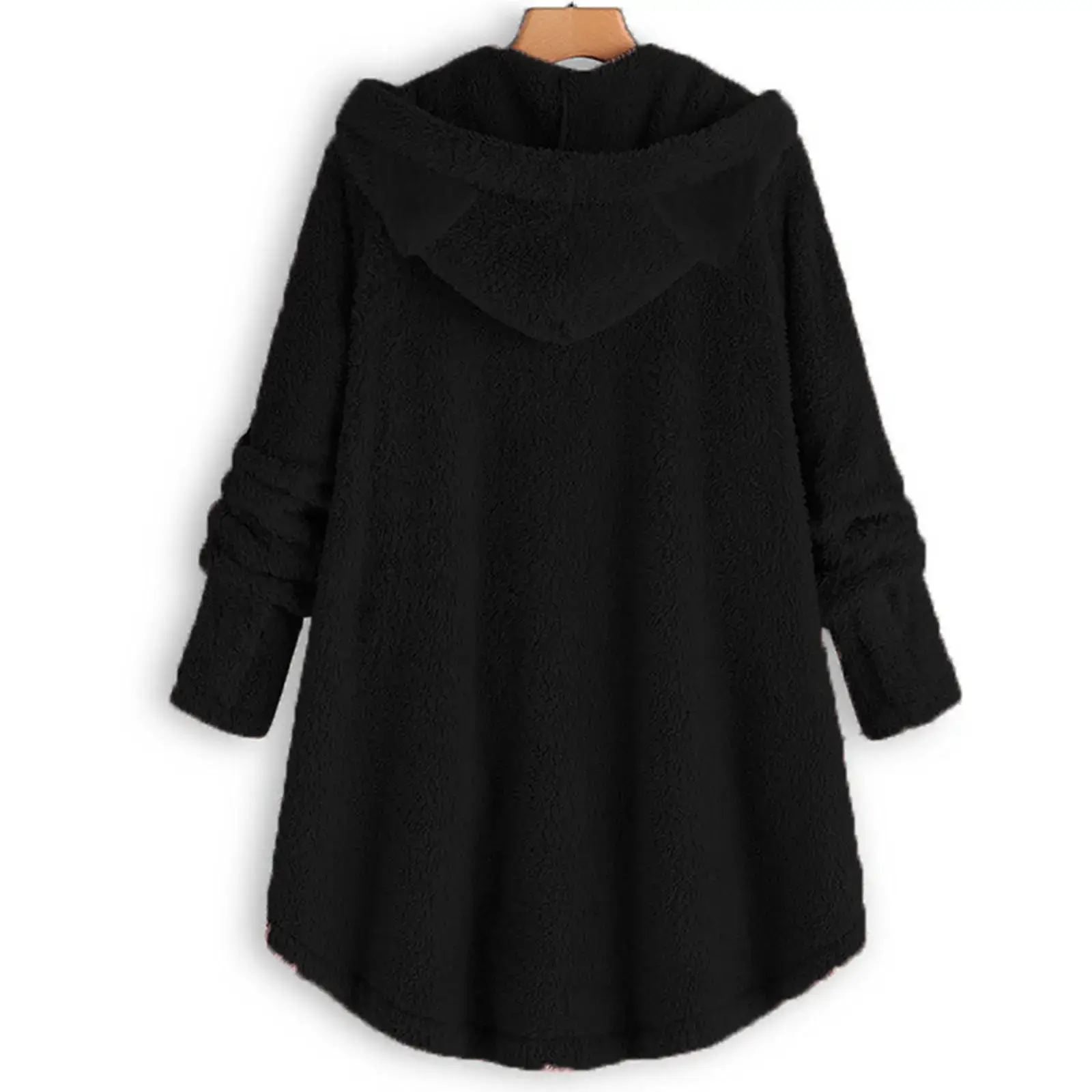 Women Button Plush Hooded Coat Gray Black Green
