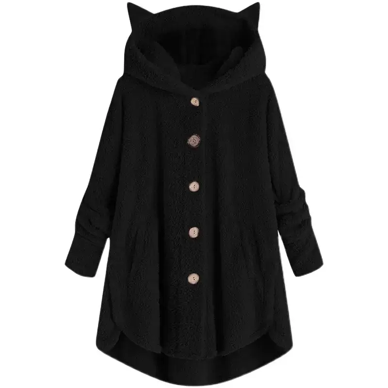 Women Button Plush Hooded Coat Gray Black Green