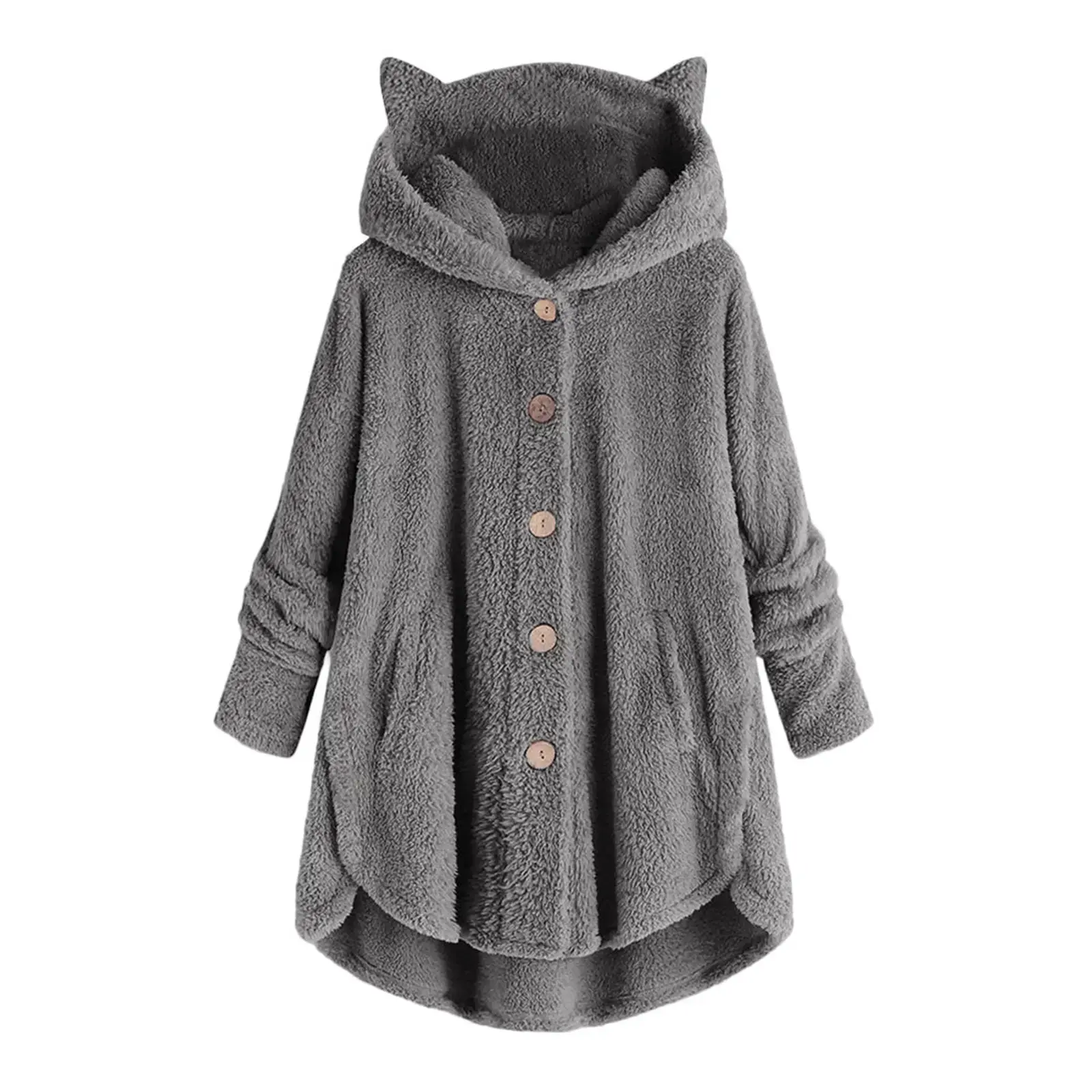 Women Button Plush Hooded Coat Gray Black Green — feature 3