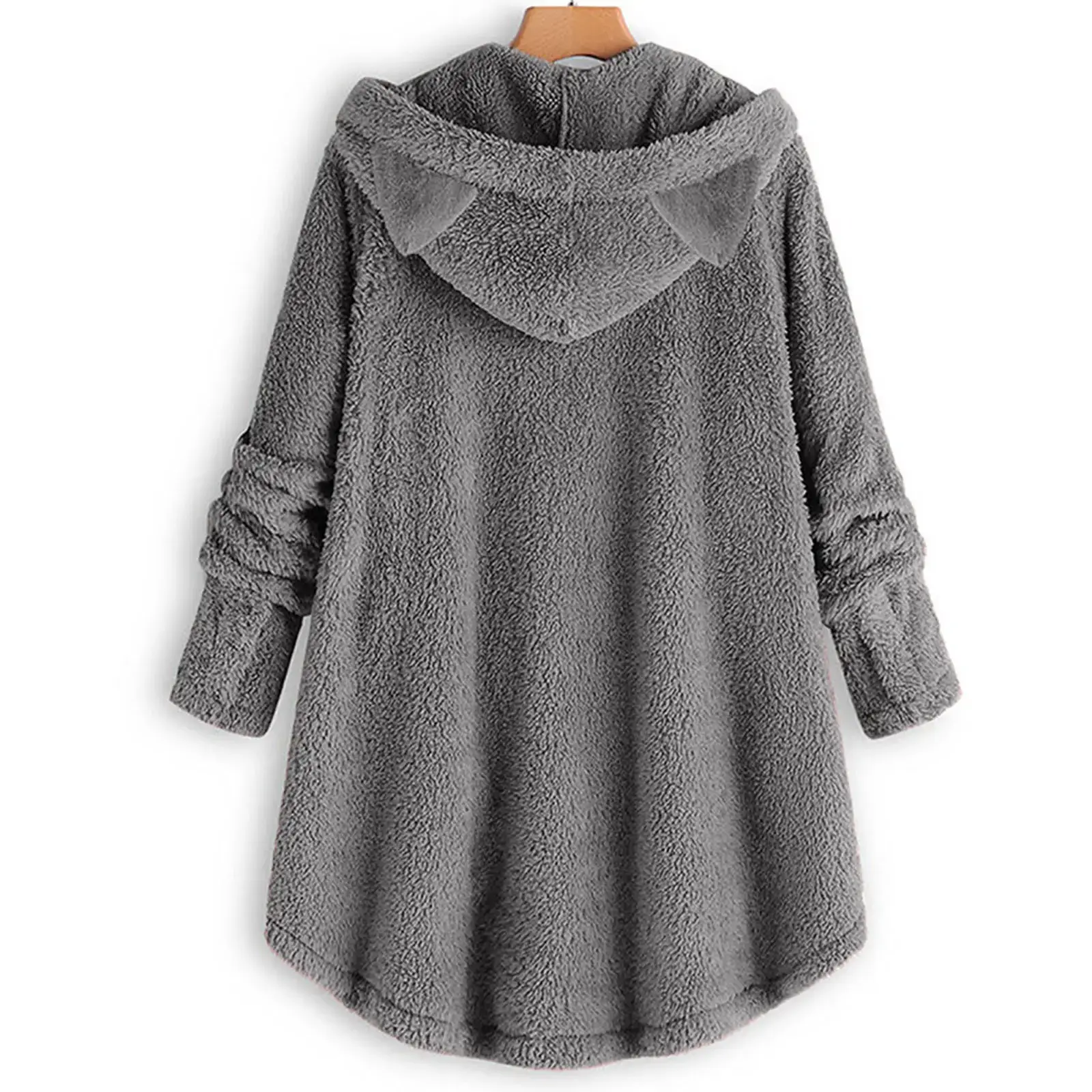 Women Button Plush Hooded Coat Gray Black Green — feature 4