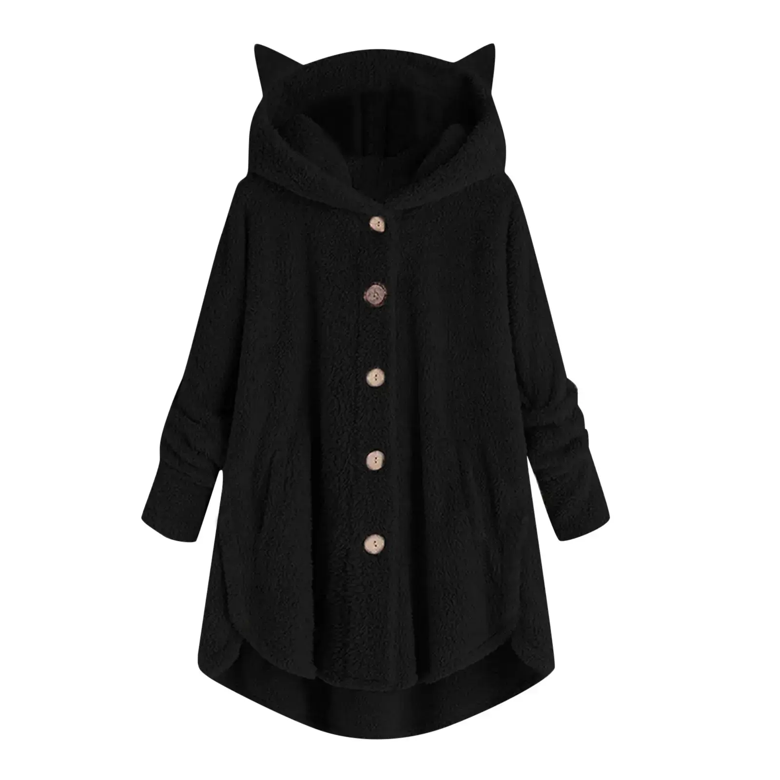 Women Button Plush Hooded Coat Gray Black Green — feature 5