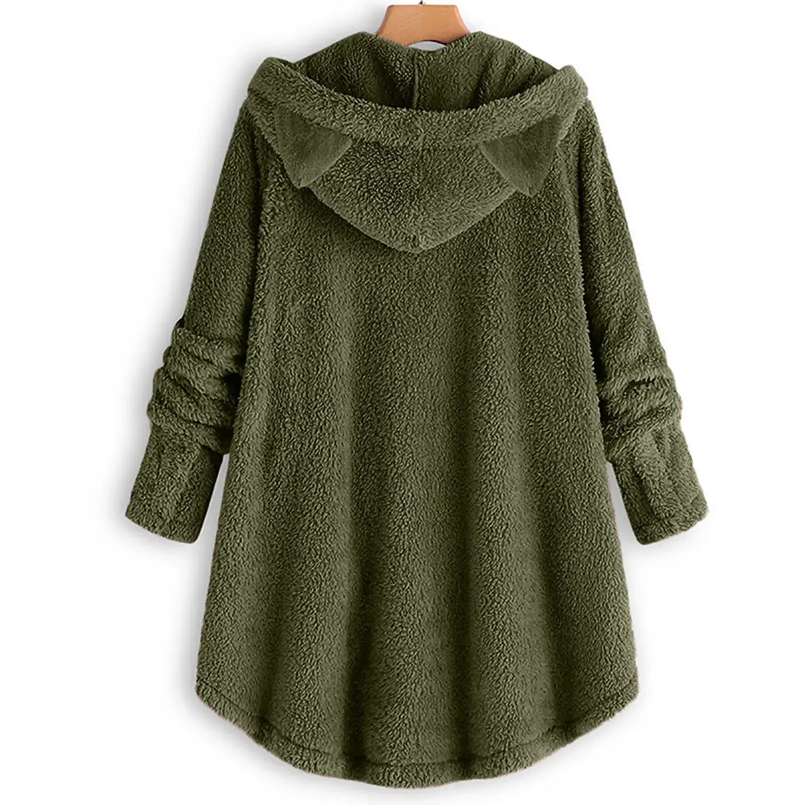 Women Button Plush Hooded Coat Gray Black Green — feature 8