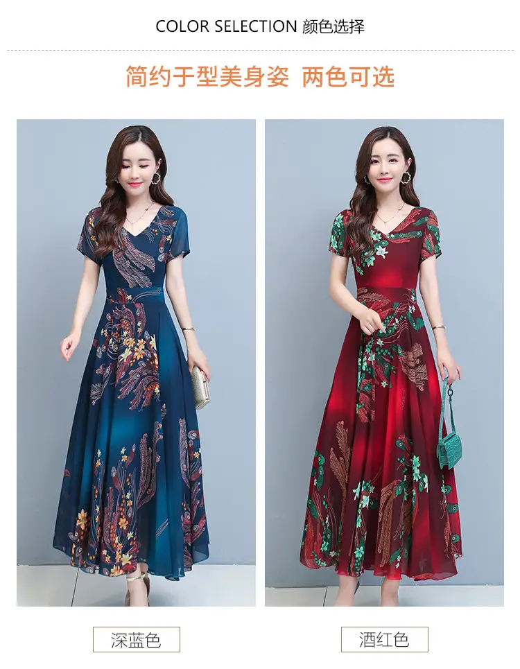 Women Printed V-Neck Skirted Dress Blue Floral 2022 — feature 10