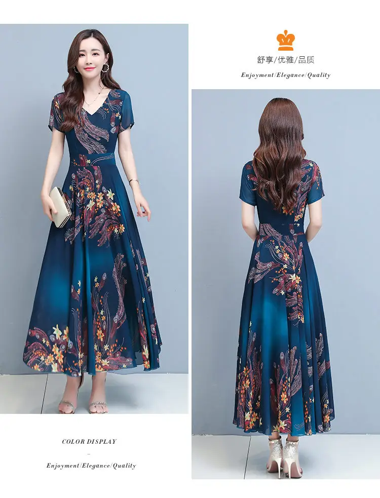 Women Printed V-Neck Skirted Dress Blue Floral 2022 — feature 11