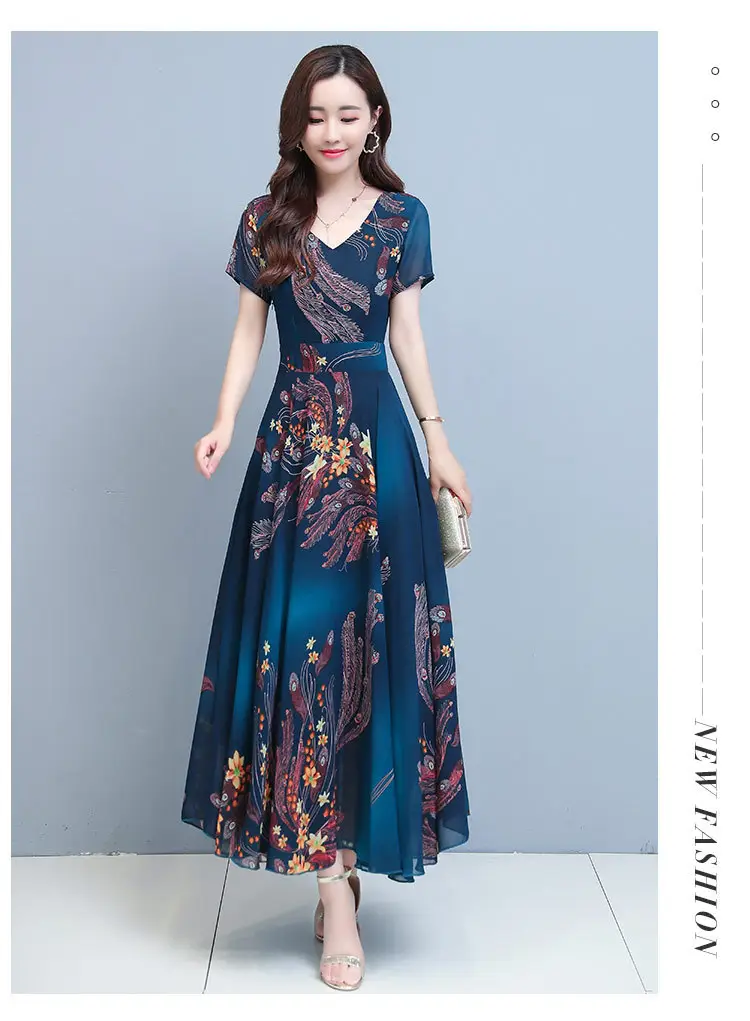 Women Printed V-Neck Skirted Dress Blue Floral 2022 — feature 15