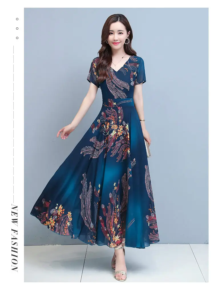 Women Printed V-Neck Skirted Dress Blue Floral 2022 — feature 16