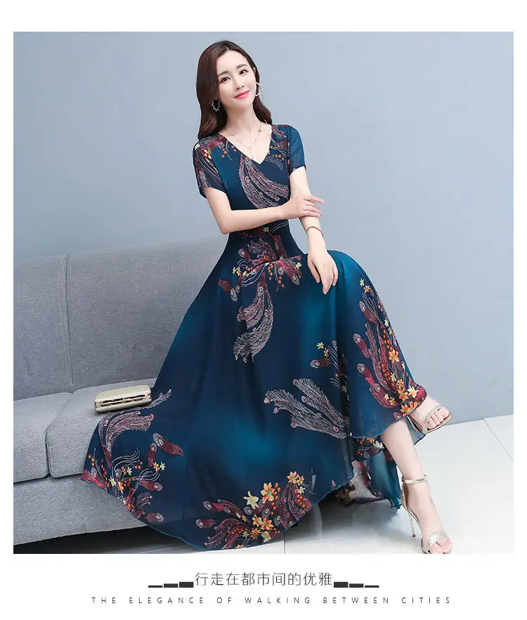 Women Printed V-Neck Skirted Dress Blue Floral 2022 — feature 20