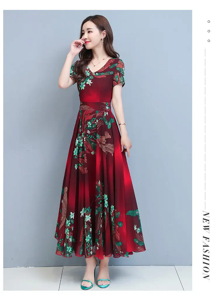 Women Printed V-Neck Skirted Dress Blue Floral 2022 — feature 21