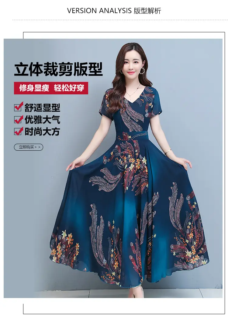 Women Printed V-Neck Skirted Dress Blue Floral 2022 — feature 3