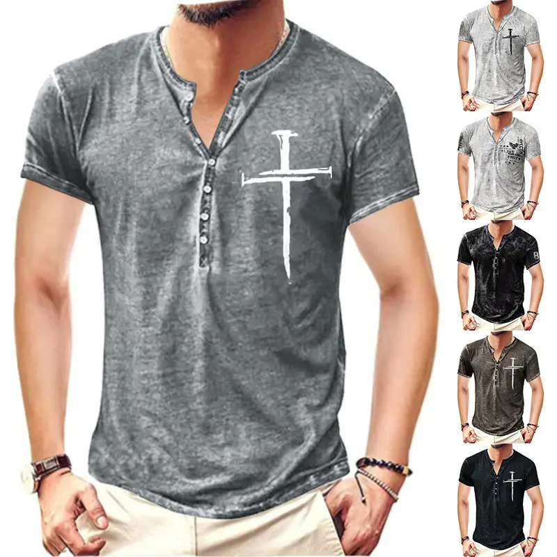 Men's Grey Cross Digital Printed Collarless T-Shirt - Image 7