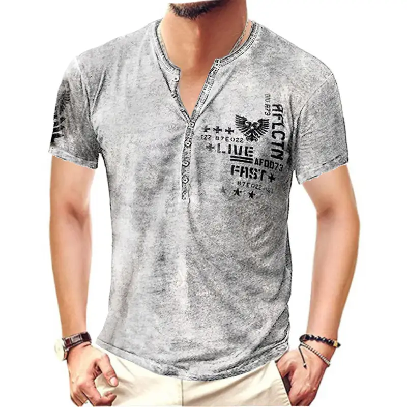 Men's Grey Cross Digital Printed Collarless T-Shirt - Image 5