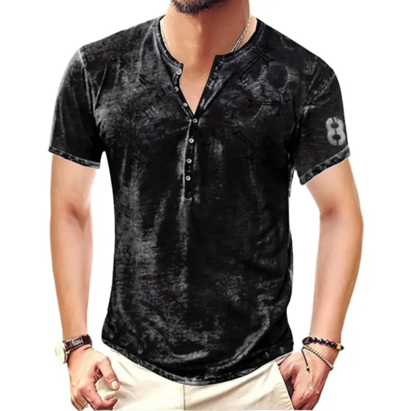 Men's Grey Cross Digital Printed Collarless T-Shirt - Image 3
