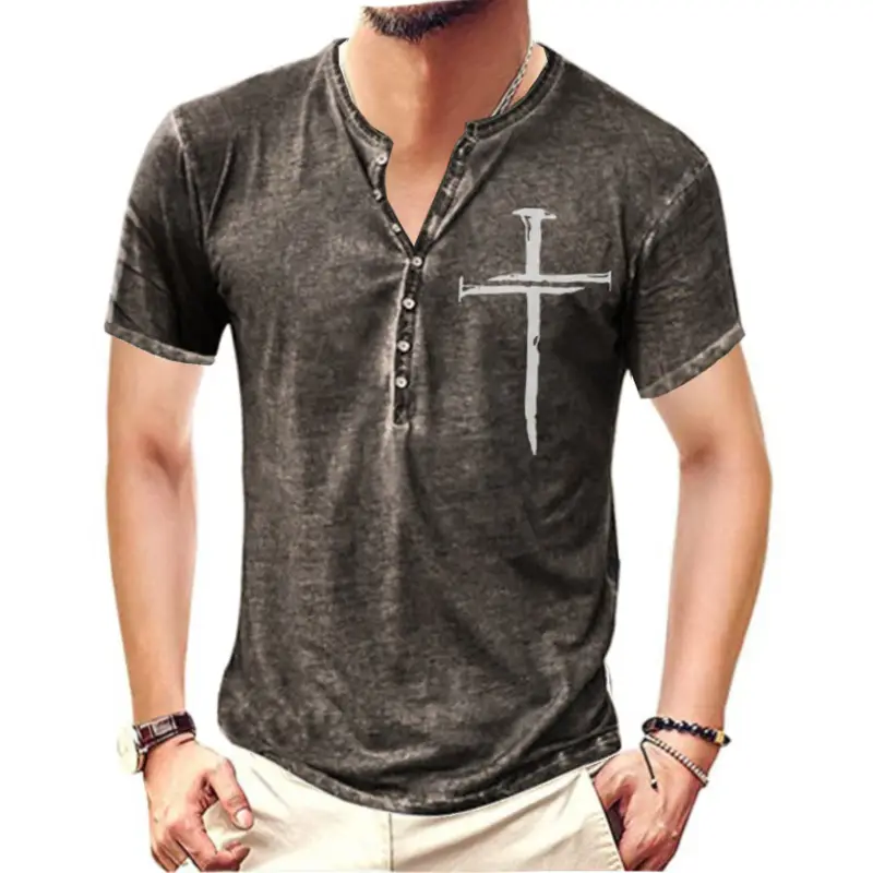 Men's Grey Cross Digital Printed Collarless T-Shirt - Image 4