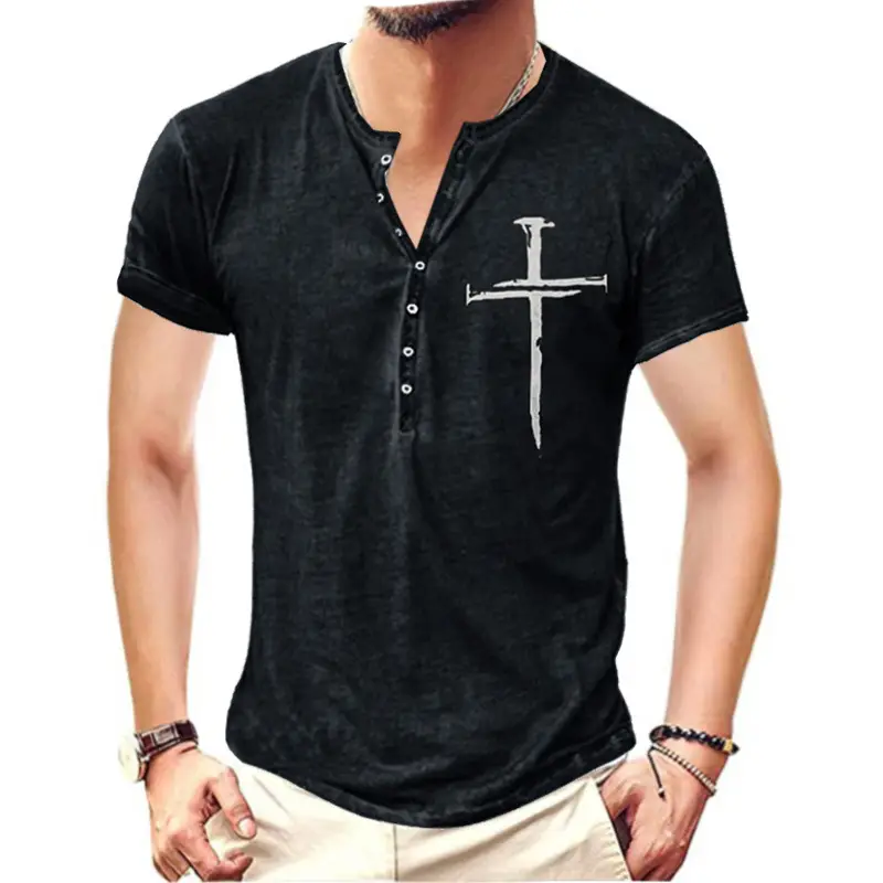 Men's Grey Cross Digital Printed Collarless T-Shirt - Image 6
