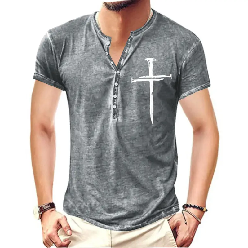 Men's Grey Cross Digital Printed Collarless T-Shirt - Image 2