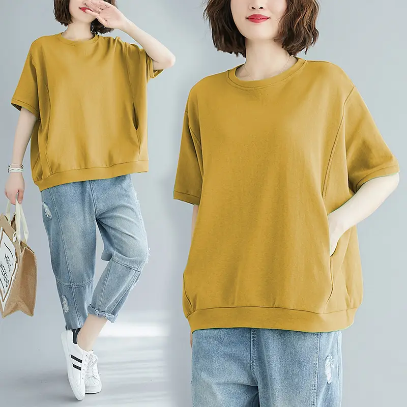 Large Size Plus Fat Women T-Shirt Solid Yellow Crew Neck - Image 8