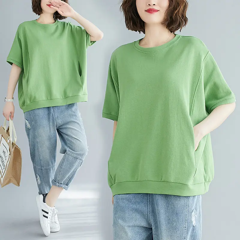 Large Size Plus Fat Women T-Shirt Solid Yellow Crew Neck - Image 9