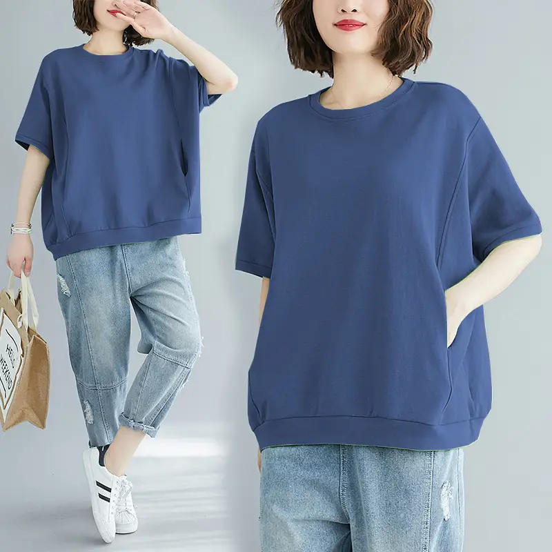 Large Size Plus Fat Women T-Shirt Solid Yellow Crew Neck - Image 10