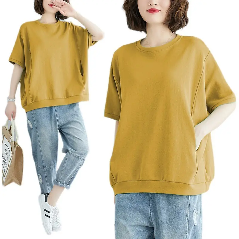 Large Size Plus Fat Women T-Shirt Solid Yellow Crew Neck - Image 11