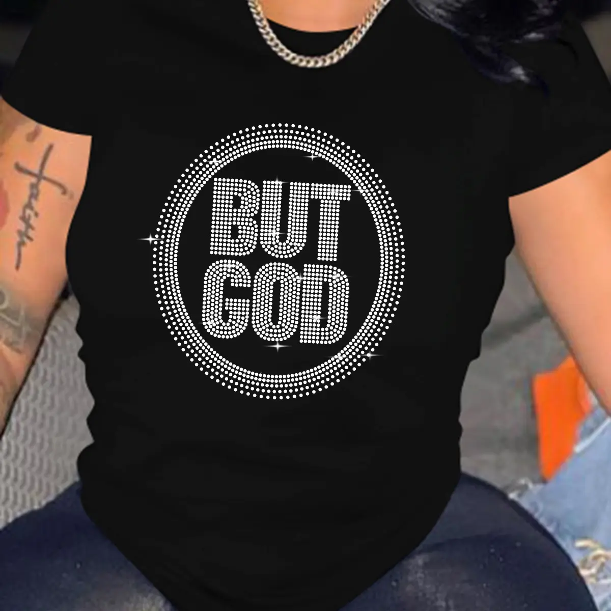 Black T-Shirt with "But God" Graphic Round Neck - Image 4
