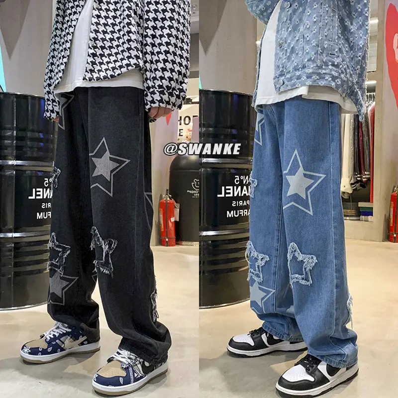 Men Embroidered Wide Leg Jeans Blue Denim - Image 3