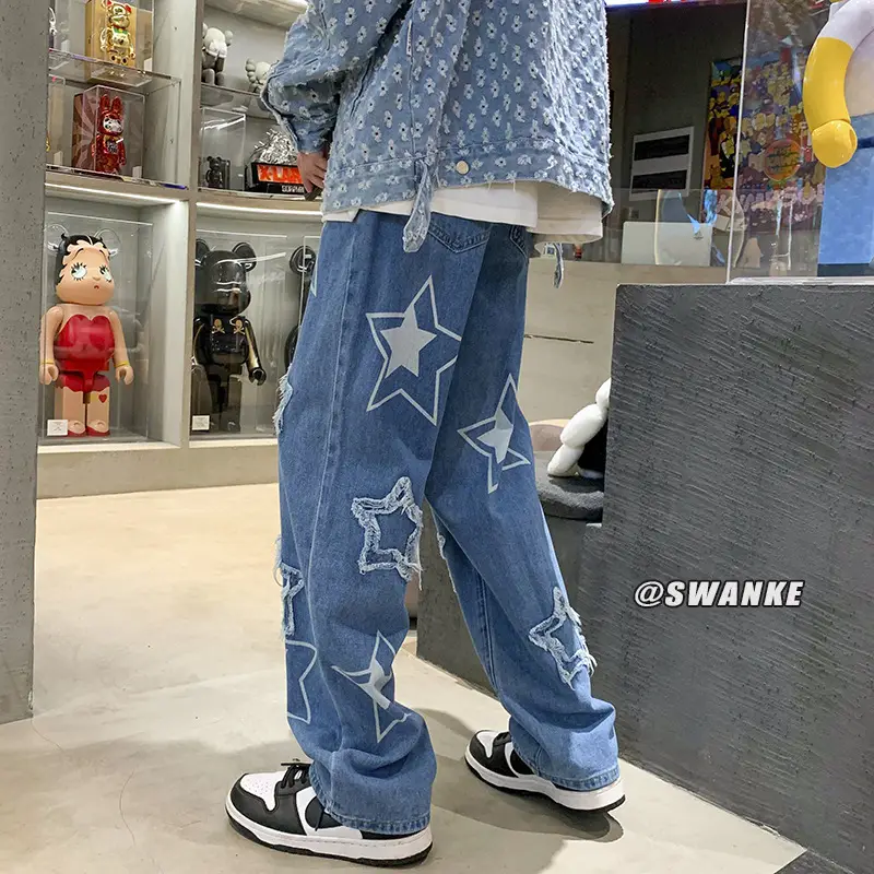 Men Embroidered Wide Leg Jeans Blue Denim - Image 5