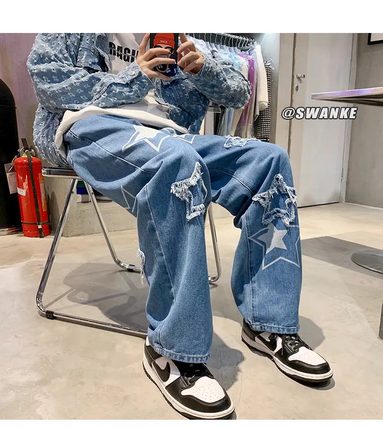Men Embroidered Wide Leg Jeans Blue Denim — feature 10