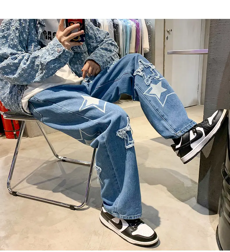 Men Embroidered Wide Leg Jeans Blue Denim — feature 11