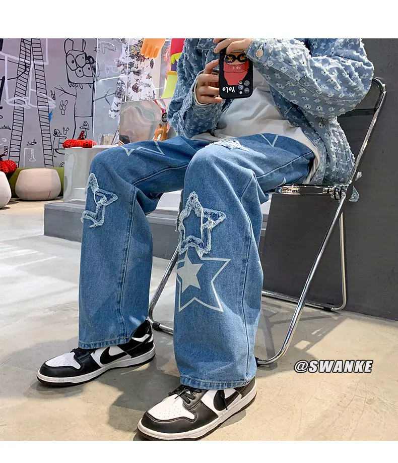 Men Embroidered Wide Leg Jeans Blue Denim — feature 12