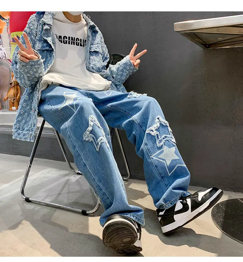 Men Embroidered Wide Leg Jeans Blue Denim — feature 13