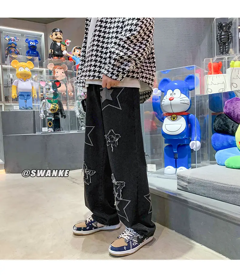 Men Embroidered Wide Leg Jeans Blue Denim — feature 17