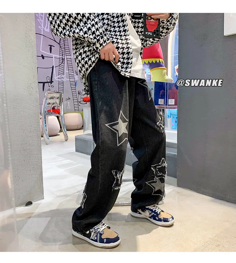Men Embroidered Wide Leg Jeans Blue Denim — feature 19