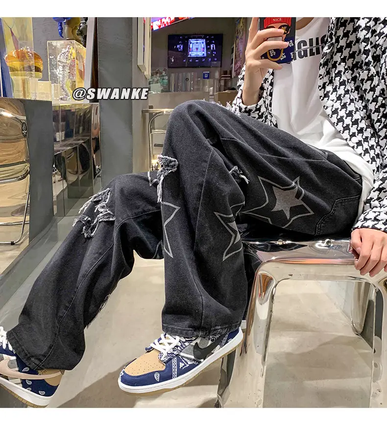 Men Embroidered Wide Leg Jeans Blue Denim — feature 23