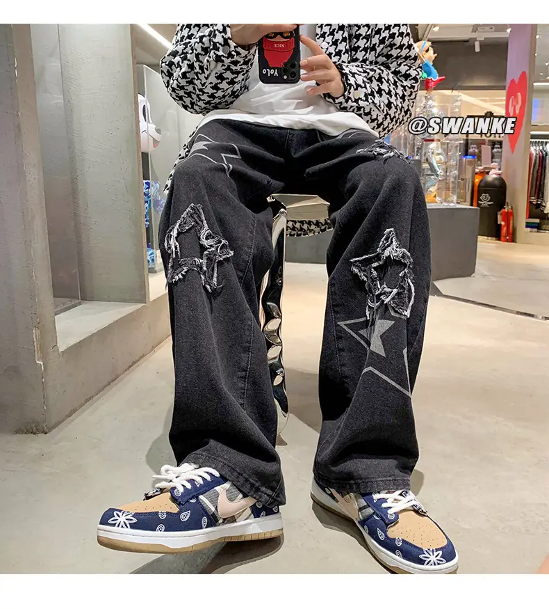 Men Embroidered Wide Leg Jeans Blue Denim — feature 25