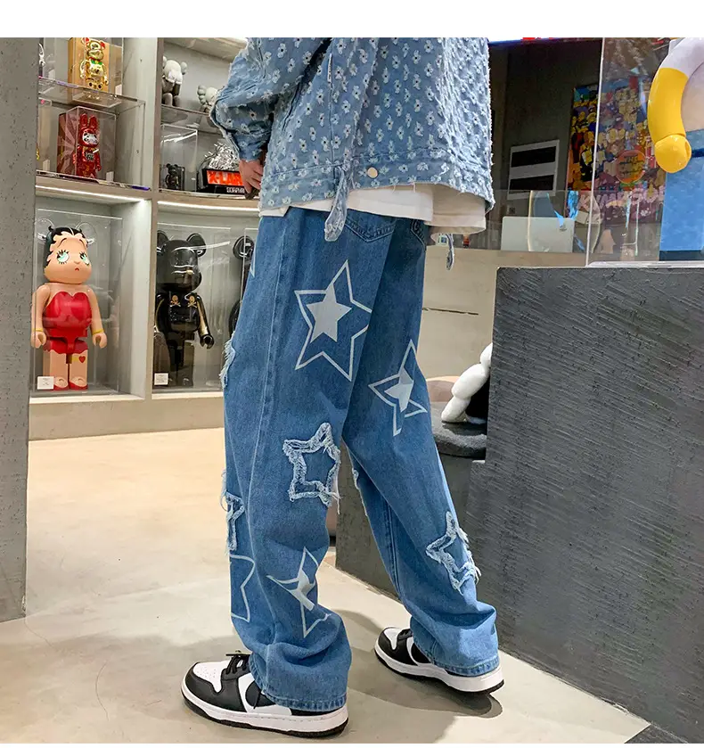Men Embroidered Wide Leg Jeans Blue Denim — feature 4